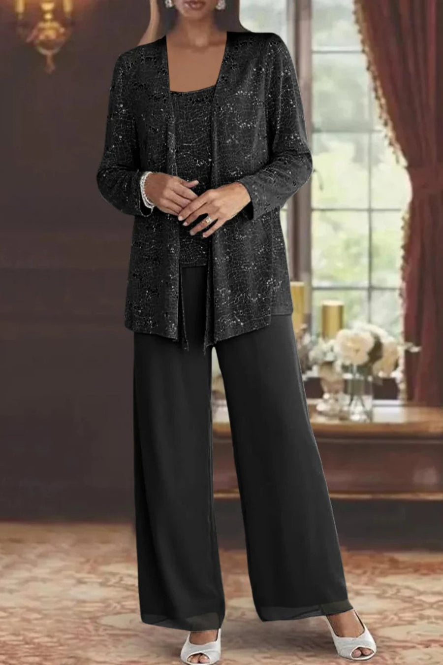 Frieda | Damen Glitzer Dreiteiler Weite Hose Blazer Set