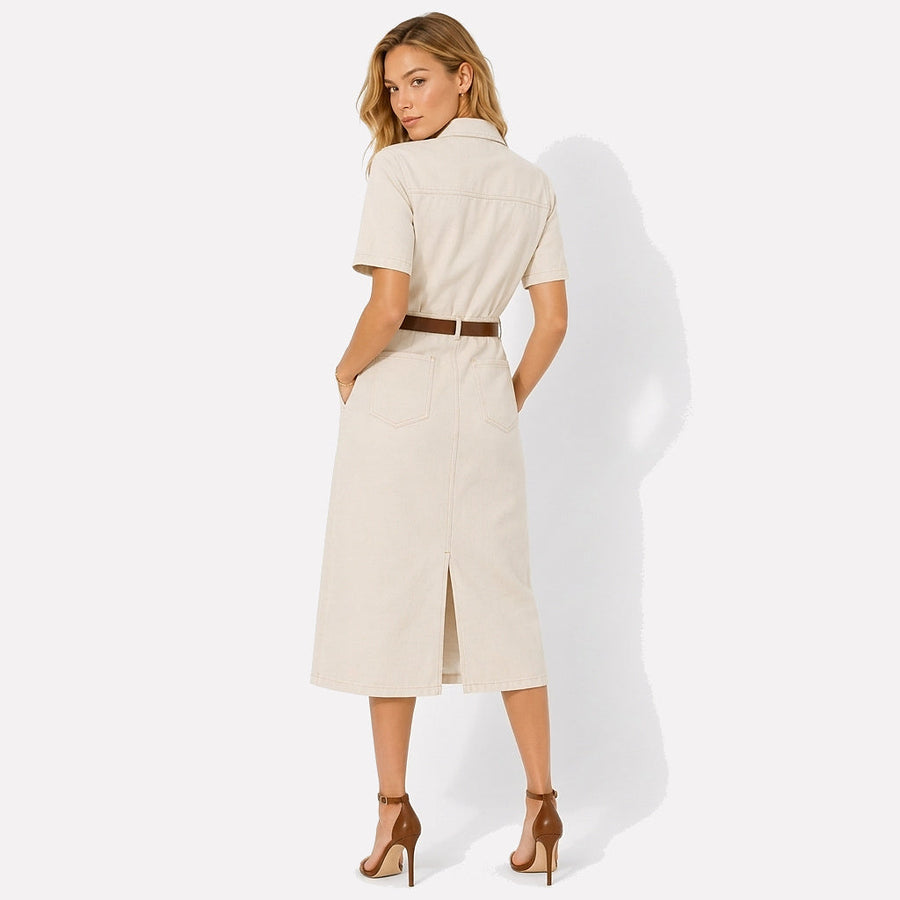 Damen Hemdblusenkleid in Midilänge mit kurzen Ärmeln und Gürtel
