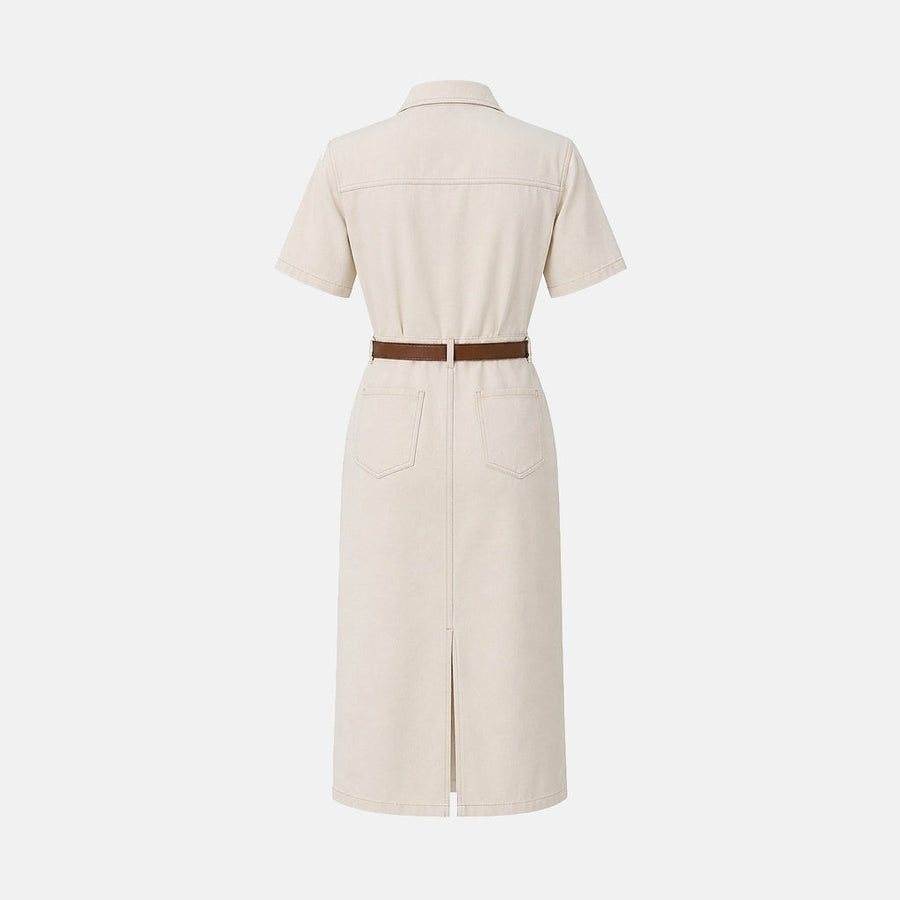Damen Hemdblusenkleid in Midilänge mit kurzen Ärmeln und Gürtel