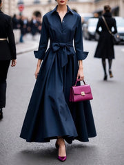 Elisabeth | Damen Hemdkleid Langarm Taillengürtel Maxikleid