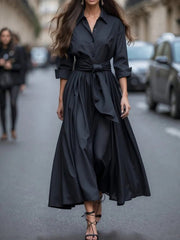 Elisabeth | Damen Hemdkleid Langarm Taillengürtel Maxikleid