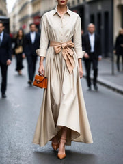 Elisabeth | Damen Hemdkleid Langarm Taillengürtel Maxikleid