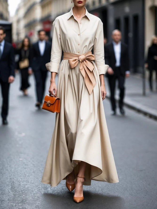 Elisabeth | Damen Hemdkleid Langarm Taillengürtel Maxikleid