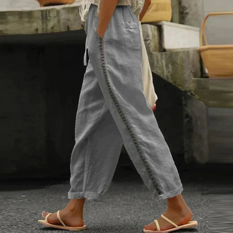Katharina | Damen High-Waist Leinen-Look Hose mit Zierknopfstreifen