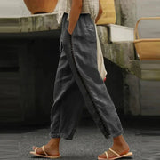 Katharina | Damen High-Waist Leinen-Look Hose mit Zierknopfstreifen