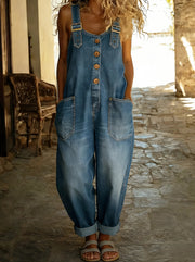 Frieda | Damen Jeans Latzhose Weit Verstellbare Träger Taschen