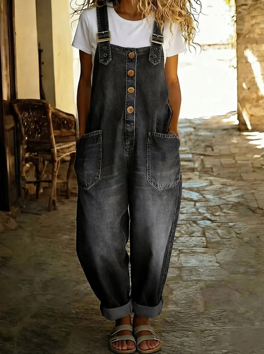 Frieda | Damen Jeans Latzhose Weit Verstellbare Träger Taschen