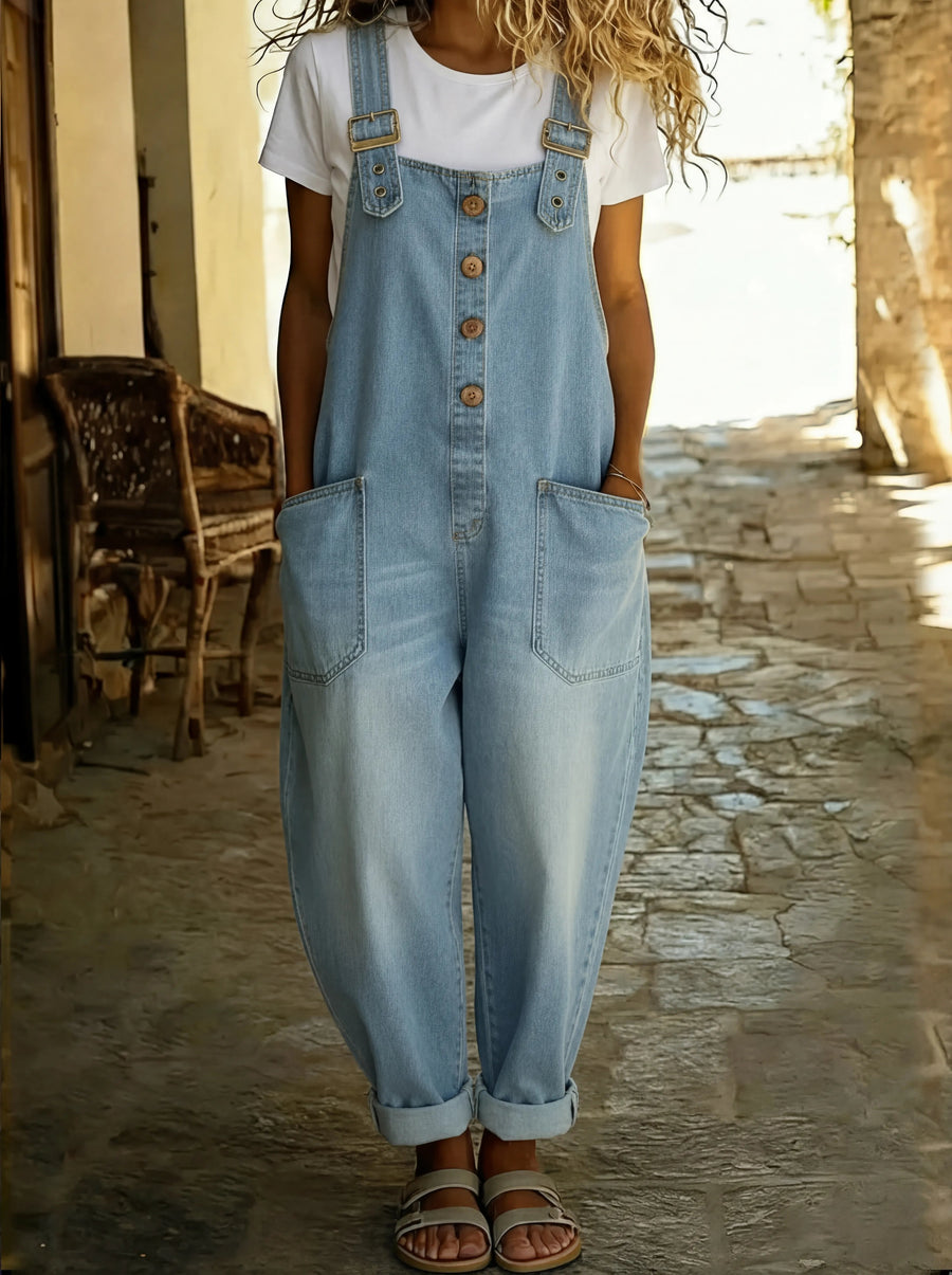 Frieda | Damen Jeans Latzhose Weit Verstellbare Träger Taschen