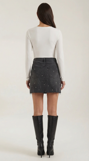 Damen Jeans Minirock mit Frontpaneelen, Knopfverschluss und offenem Saum