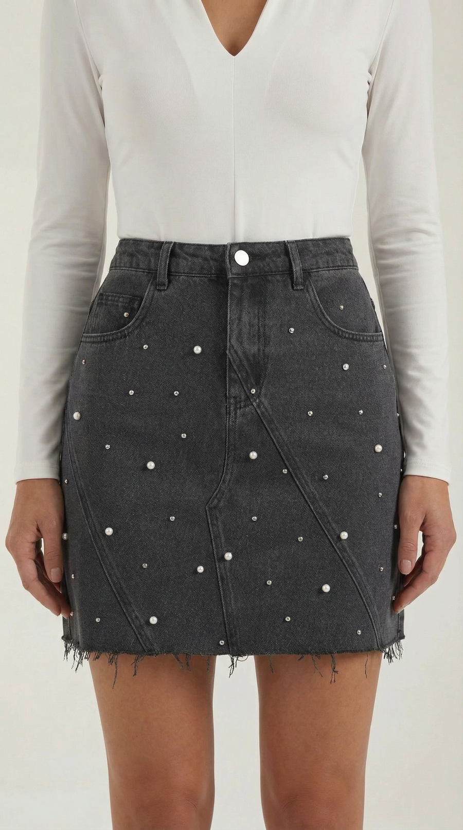 Damen Jeans Minirock mit Frontpaneelen, Knopfverschluss und offenem Saum
