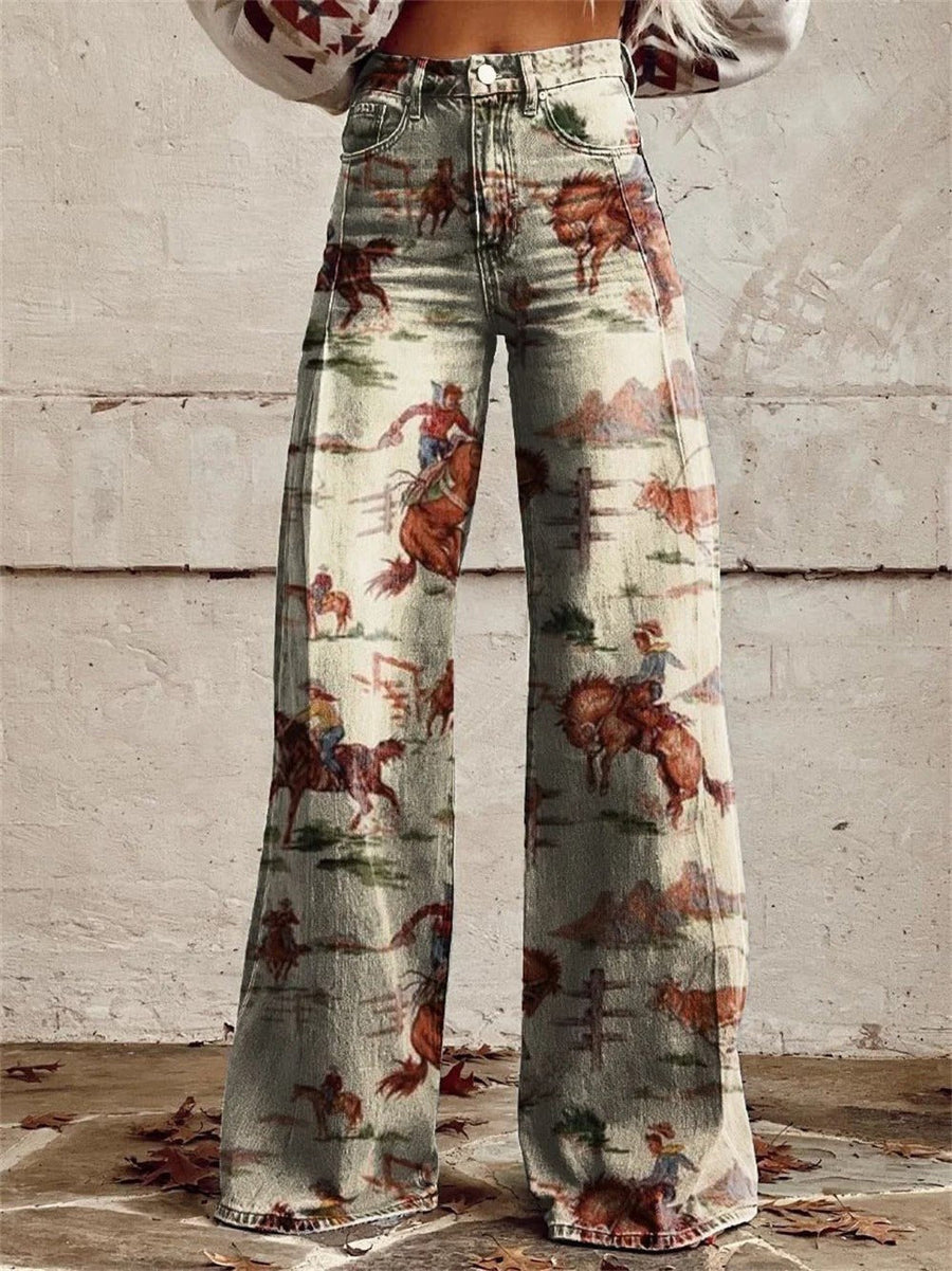 Marie | Damen Jeans Western Print High-Waist Wide-Leg Hose