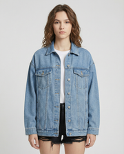 Damen Jeansjacke mit Knopfleiste und Pattentaschen im oberen Bereich