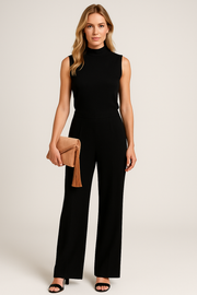 Damen Jumpsuit ärmellos mit Stehkragen und weitem Bein