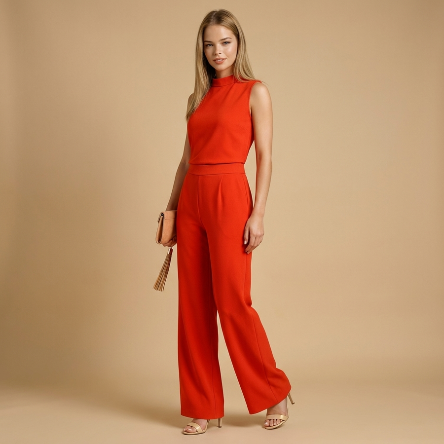 Damen Jumpsuit ärmellos mit Stehkragen und weitem Bein