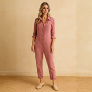 Damen Jumpsuit mit langen Ärmeln, Knopfleiste, Kragen und Brusttaschen