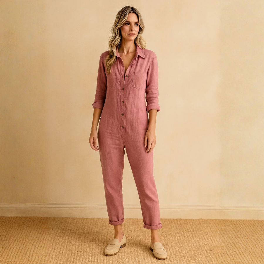 Damen Jumpsuit mit langen Ärmeln, Knopfleiste, Kragen und Brusttaschen