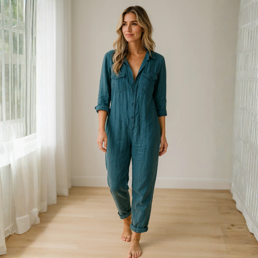 Damen Jumpsuit mit langen Ärmeln, Knopfleiste, Kragen und Brusttaschen