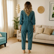 Damen Jumpsuit mit langen Ärmeln, Knopfleiste, Kragen und Brusttaschen
