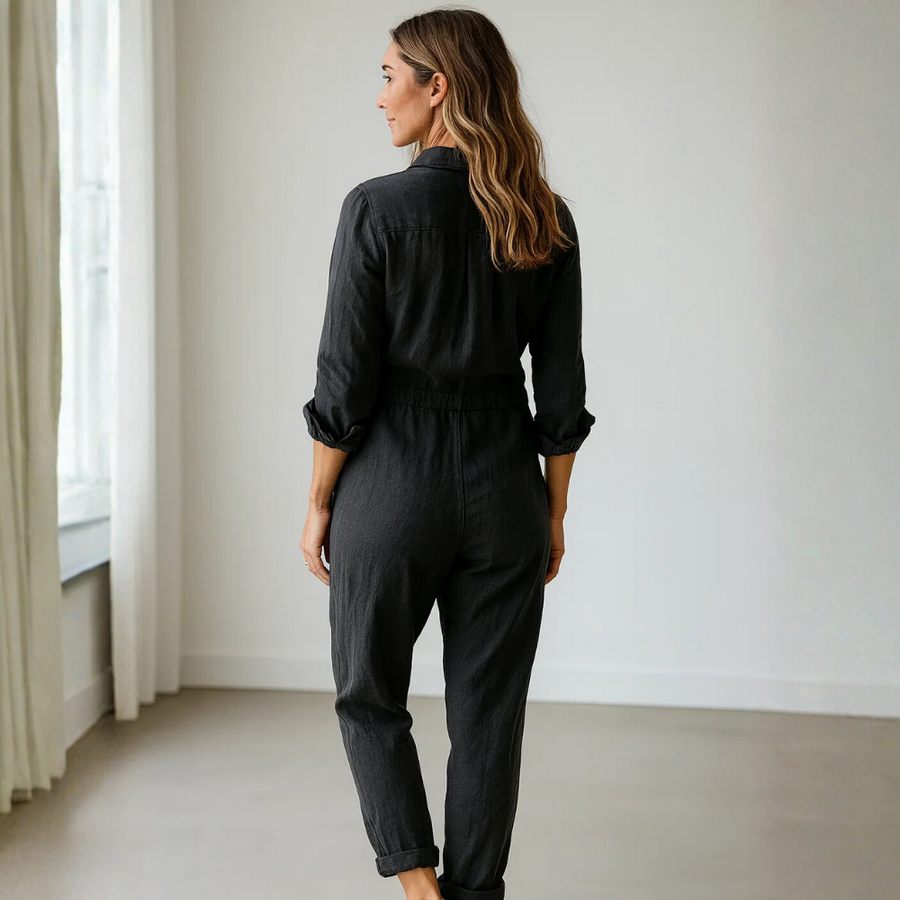 Damen Jumpsuit mit langen Ärmeln, Knopfleiste, Kragen und Brusttaschen