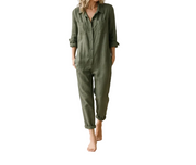 Damen Jumpsuit mit langen Ärmeln, Knopfleiste, Kragen und Brusttaschen
