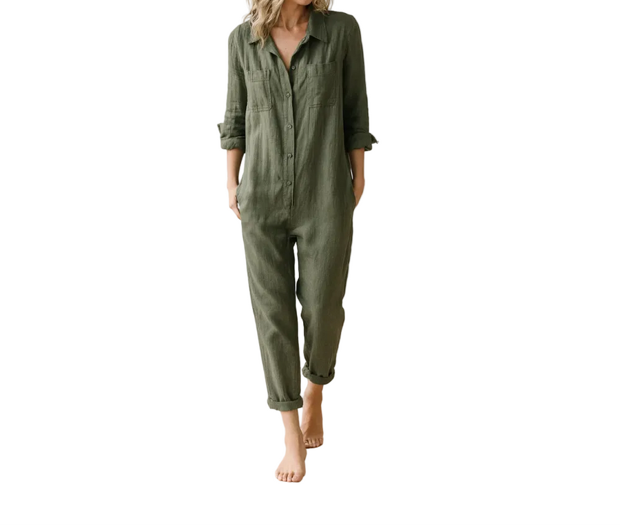 Damen Jumpsuit mit langen Ärmeln, Knopfleiste, Kragen und Brusttaschen