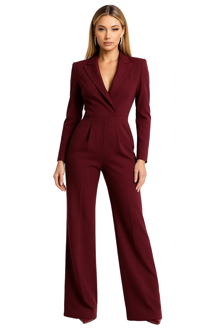 Damen-Jumpsuit mit langen Ärmeln, Reverskragen und weitem Bein