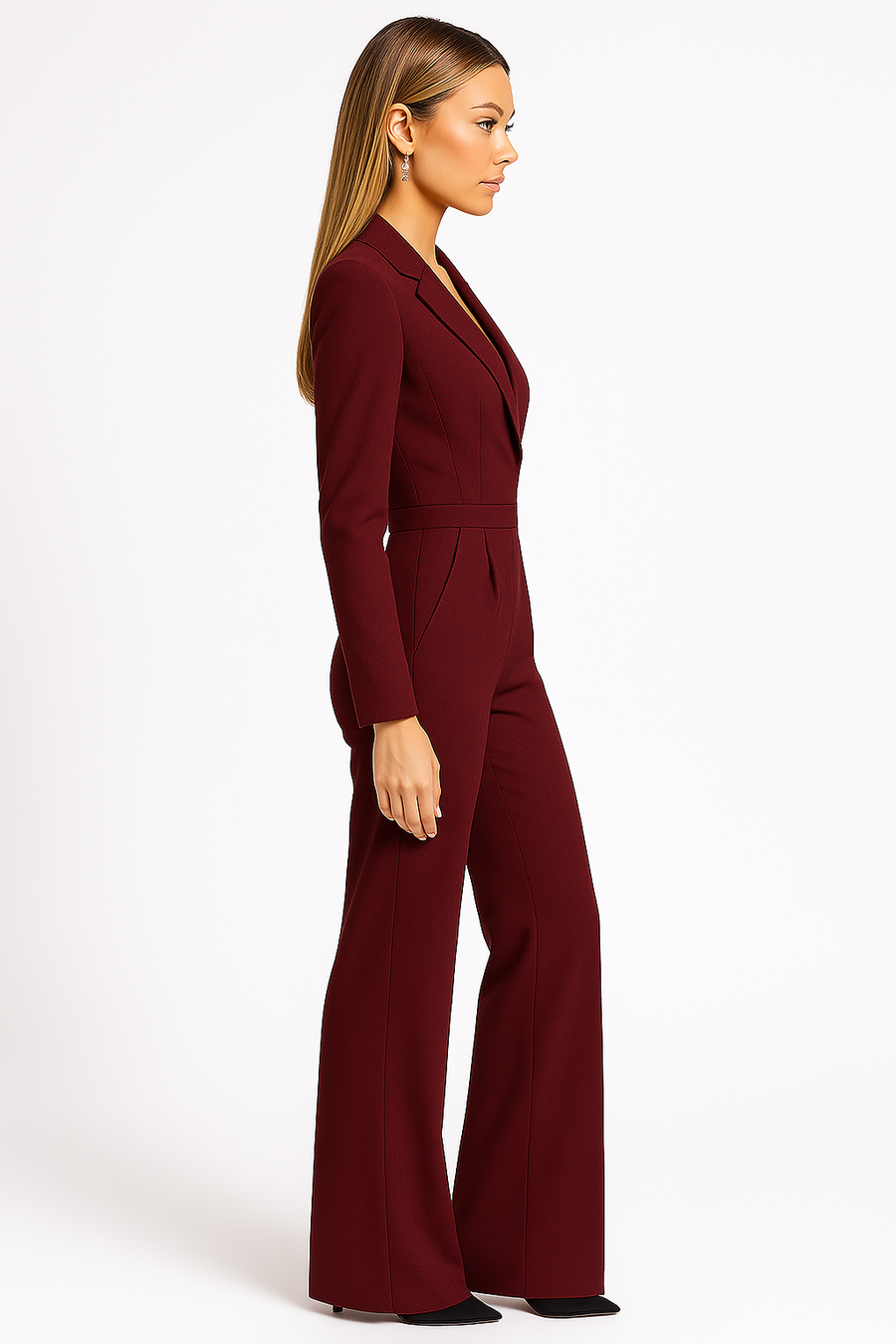 Damen-Jumpsuit mit langen Ärmeln, Reverskragen und weitem Bein