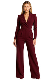 Damen-Jumpsuit mit langen Ärmeln, Reverskragen und weitem Bein