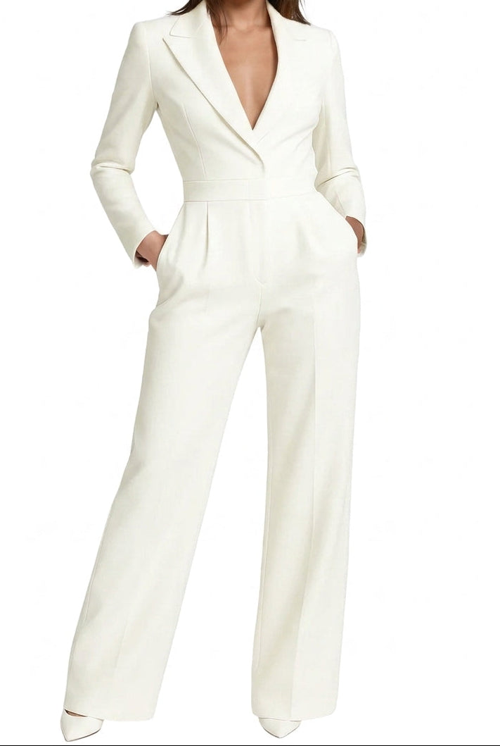 Damen-Jumpsuit mit langen Ärmeln, Reverskragen und weitem Bein