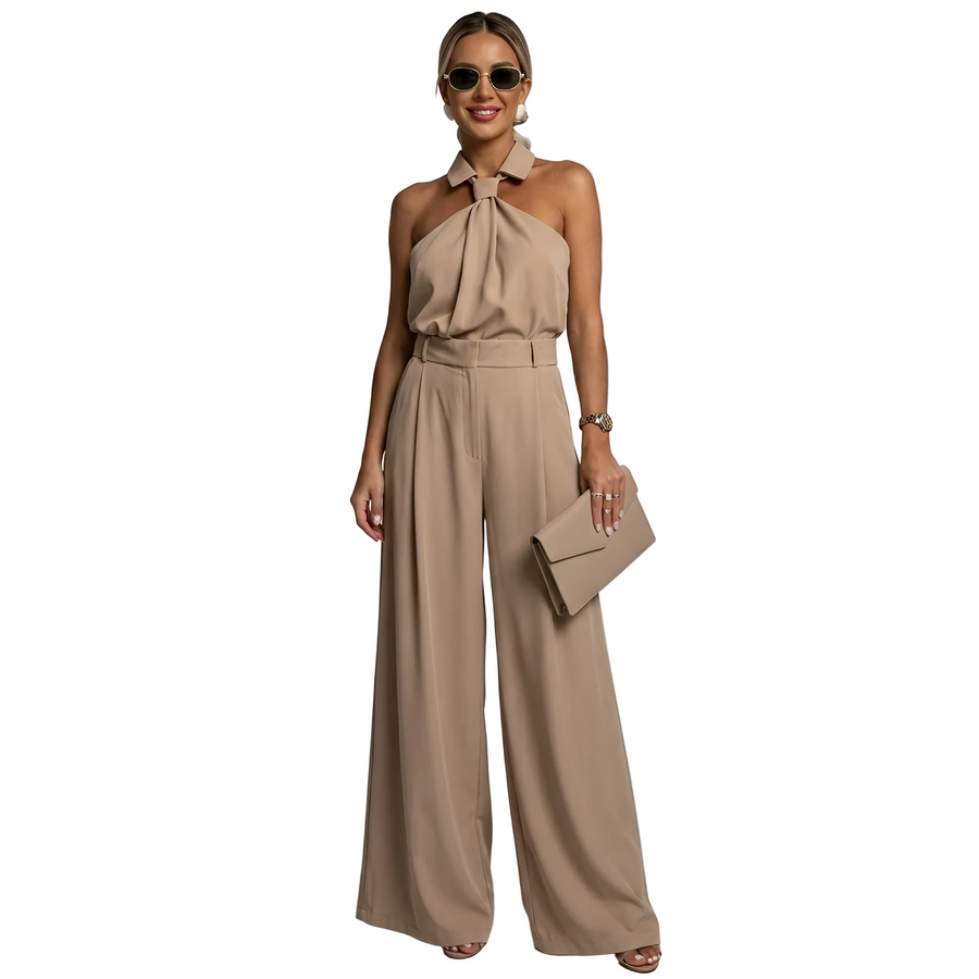 Damen-Jumpsuit mit Neckholder-Kragen, Knotendetail und weitem Bein