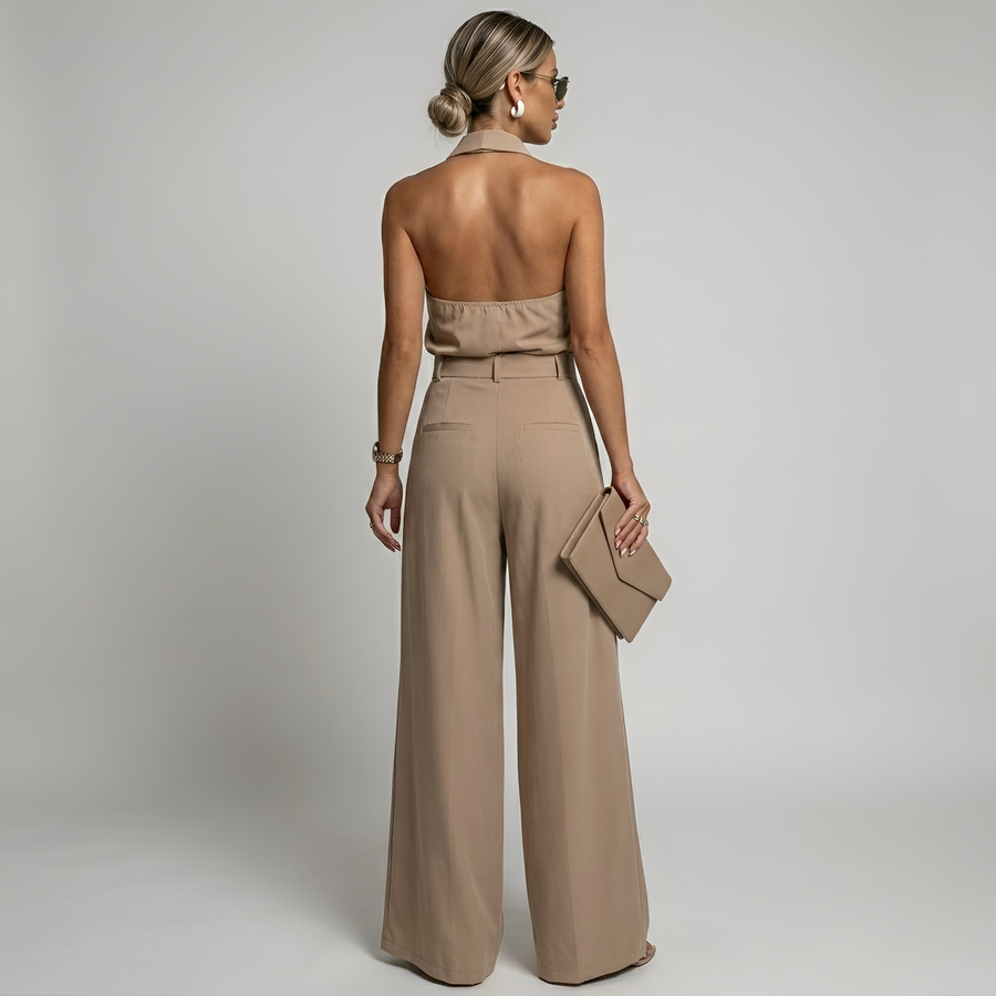 Damen-Jumpsuit mit Neckholder-Kragen, Knotendetail und weitem Bein