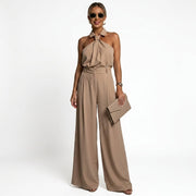 Damen-Jumpsuit mit Neckholder-Kragen, Knotendetail und weitem Bein