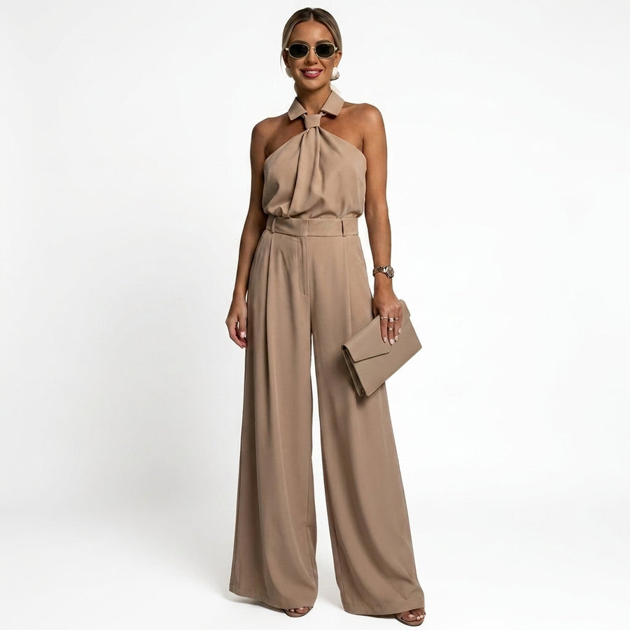 Damen-Jumpsuit mit Neckholder-Kragen, Knotendetail und weitem Bein