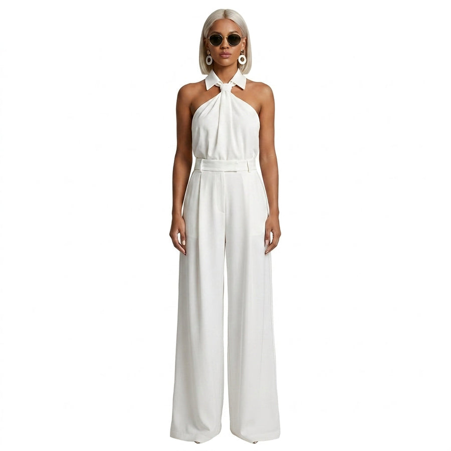 Damen-Jumpsuit mit Neckholder-Kragen, Knotendetail und weitem Bein