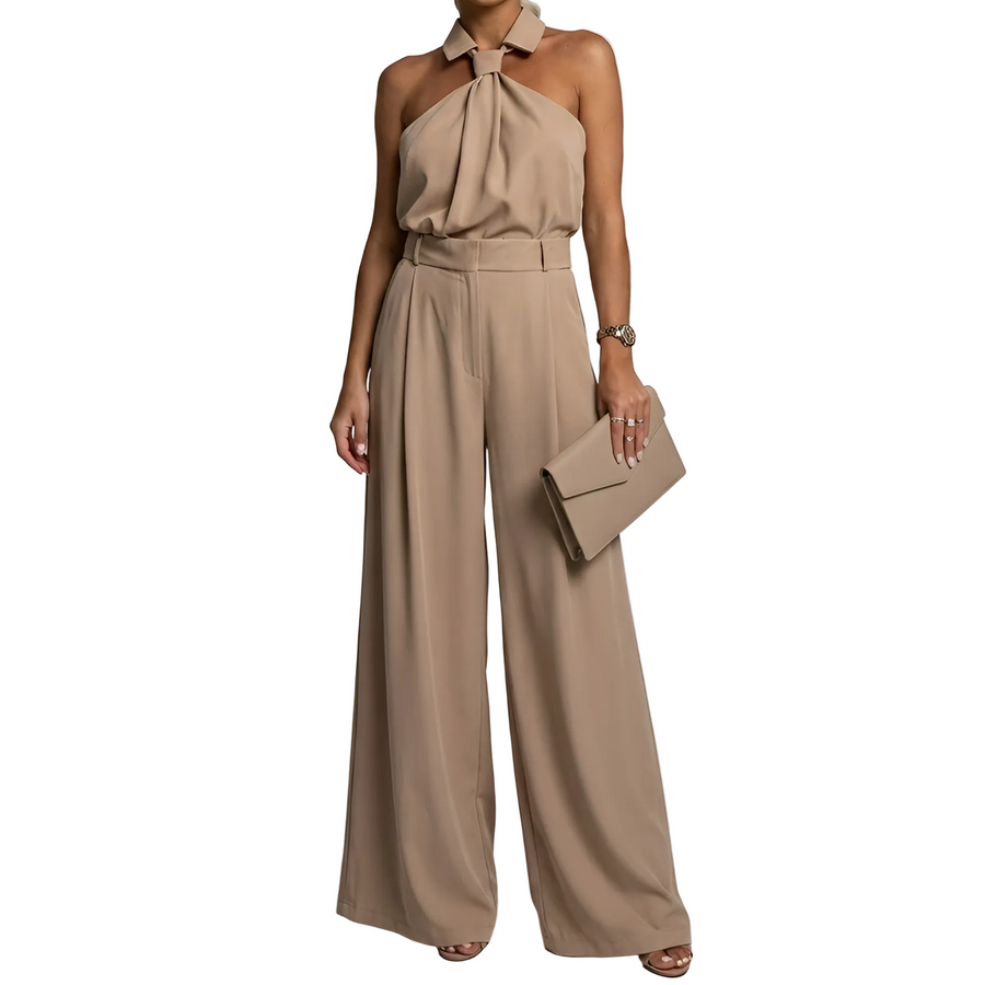 Damen-Jumpsuit mit Neckholder-Kragen, Knotendetail und weitem Bein