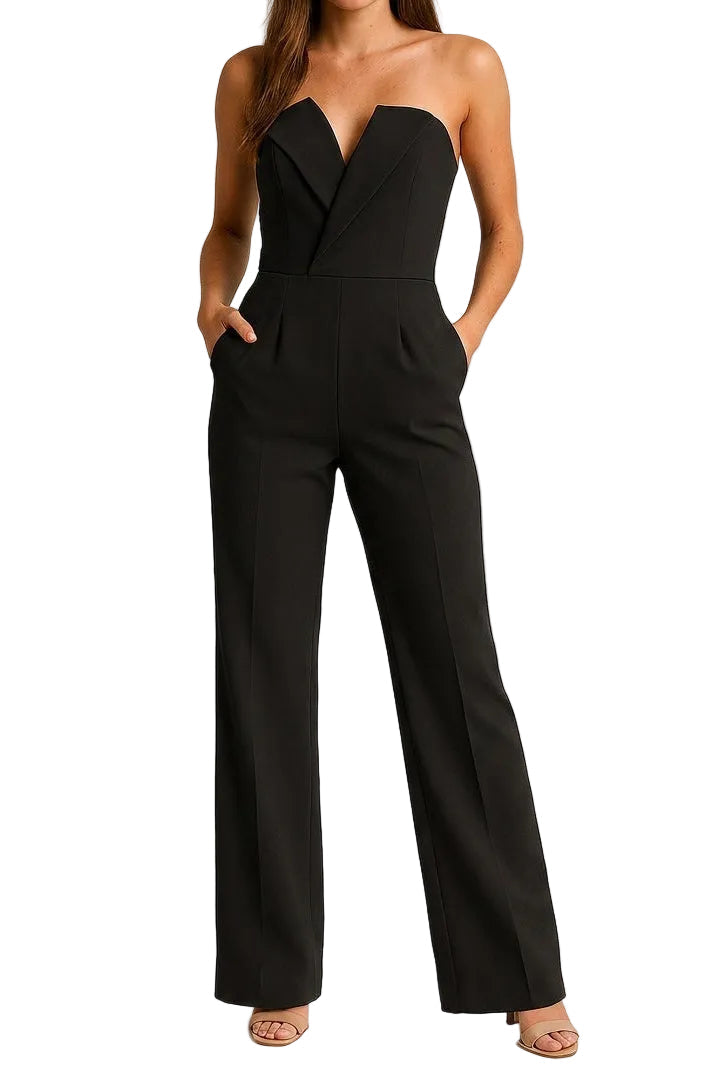 Damen-Jumpsuit mit trägerlosem V-Ausschnitt und weitem Bein