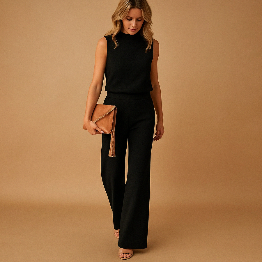 Damen Jumpsuit ohne Ärmel mit Rundhalsausschnitt und weitem Bein