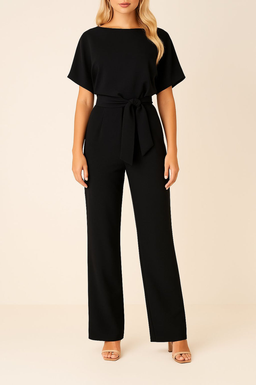 Marie | Damen Jumpsuit Ärmellos Weites Bein Bindegürtel