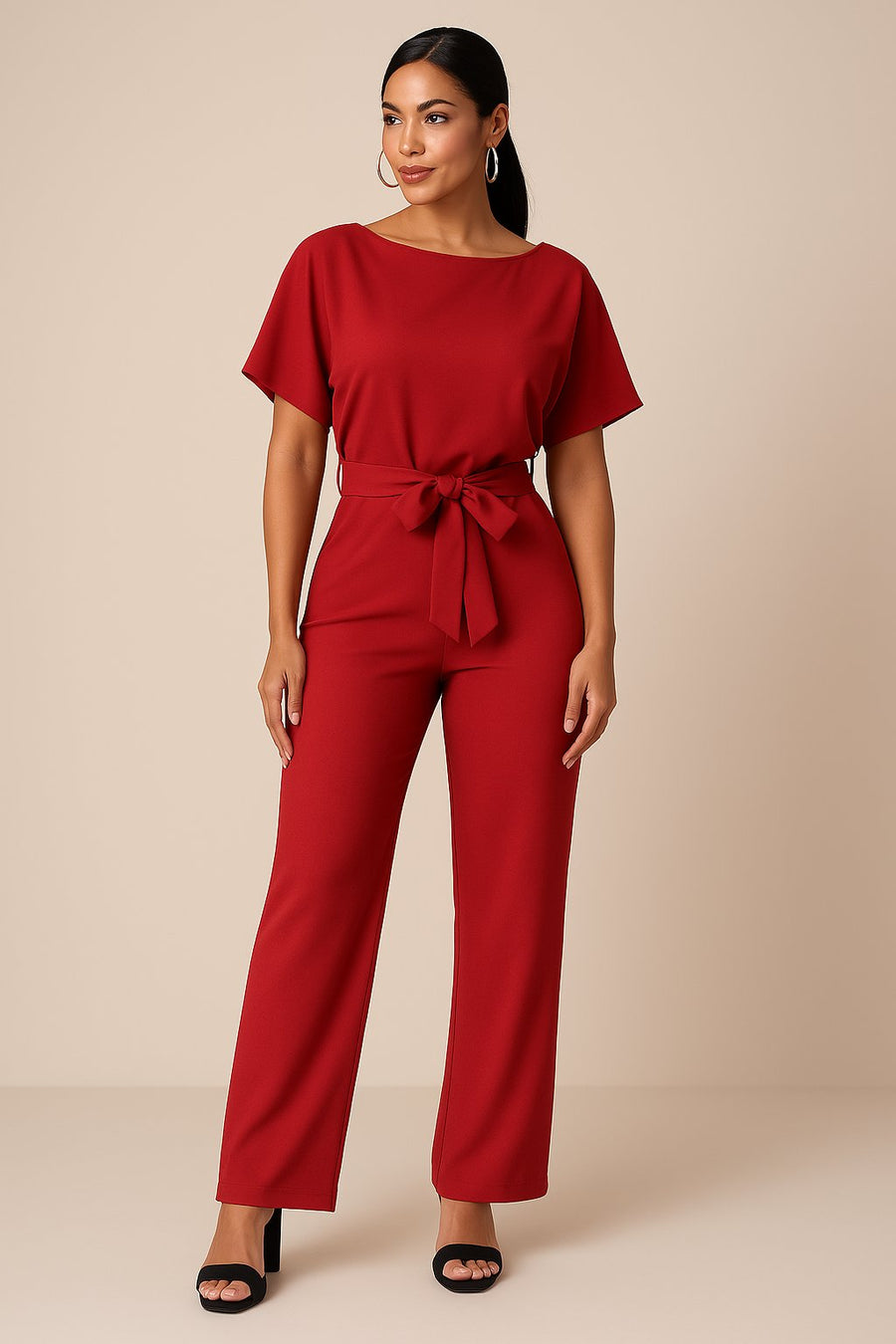 Marie | Damen Jumpsuit Ärmellos Weites Bein Bindegürtel