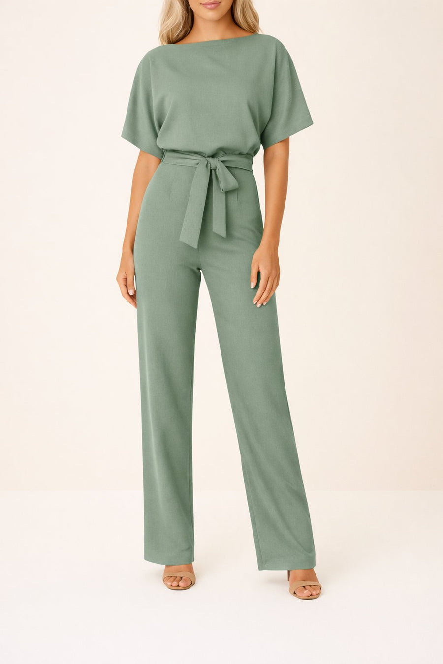 Marie | Damen Jumpsuit Ärmellos Weites Bein Bindegürtel