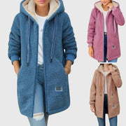 Damen lange Fleecejacke mit Kapuze und Reißverschluss