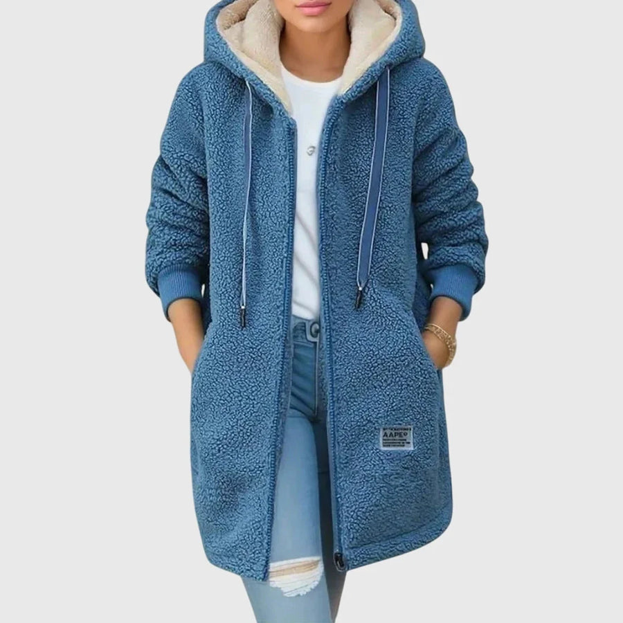 Damen lange Fleecejacke mit Kapuze und Reißverschluss