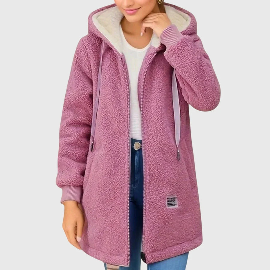 Damen lange Fleecejacke mit Kapuze und Reißverschluss