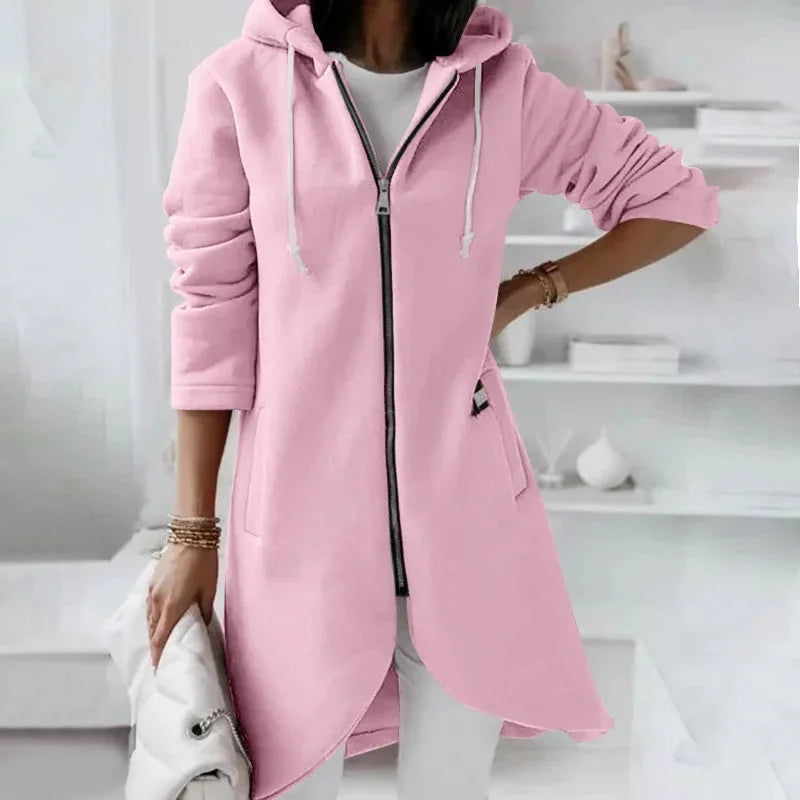 Damen Langes Kapuzenjacke mit Reißverschluss und Taschen