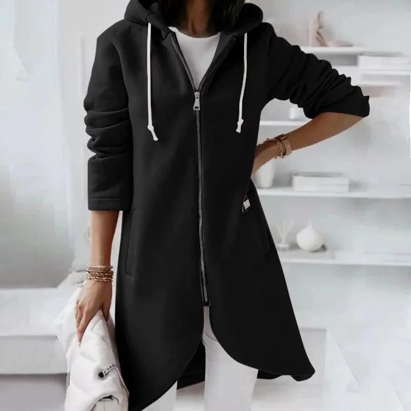Damen Langes Kapuzenjacke mit Reißverschluss und Taschen