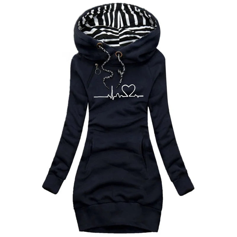 Damen Hoodie mit Herzlinienmuster und Kängurutasche