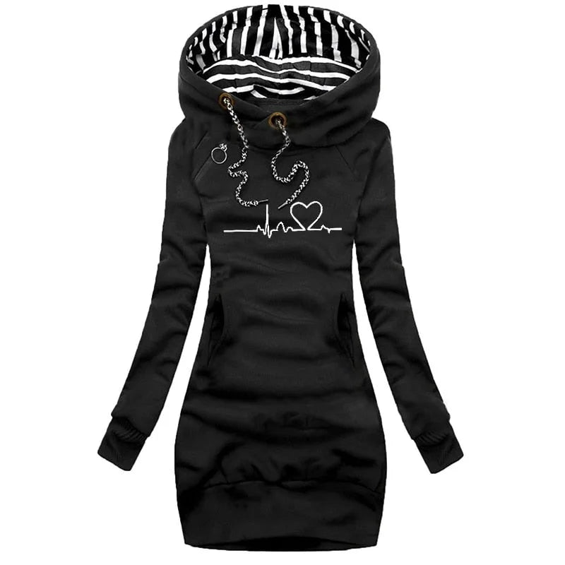 Damen Hoodie mit Herzlinienmuster und Kängurutasche
