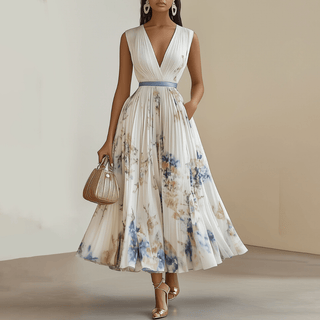 Damen Kleid mit V-Ausschnitt und plissiertem Rock