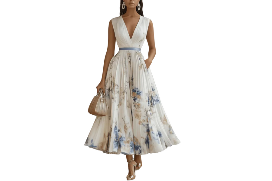 Damen Kleid mit V-Ausschnitt und plissiertem Rock