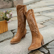 Damen Kniehohe Stiefel mit bestickten Einsätzen und Blockabsatz